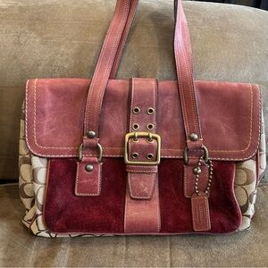 Coach 7065 Special Edition Signature C and  Burgundy Suede Satchel Shoulder Bag